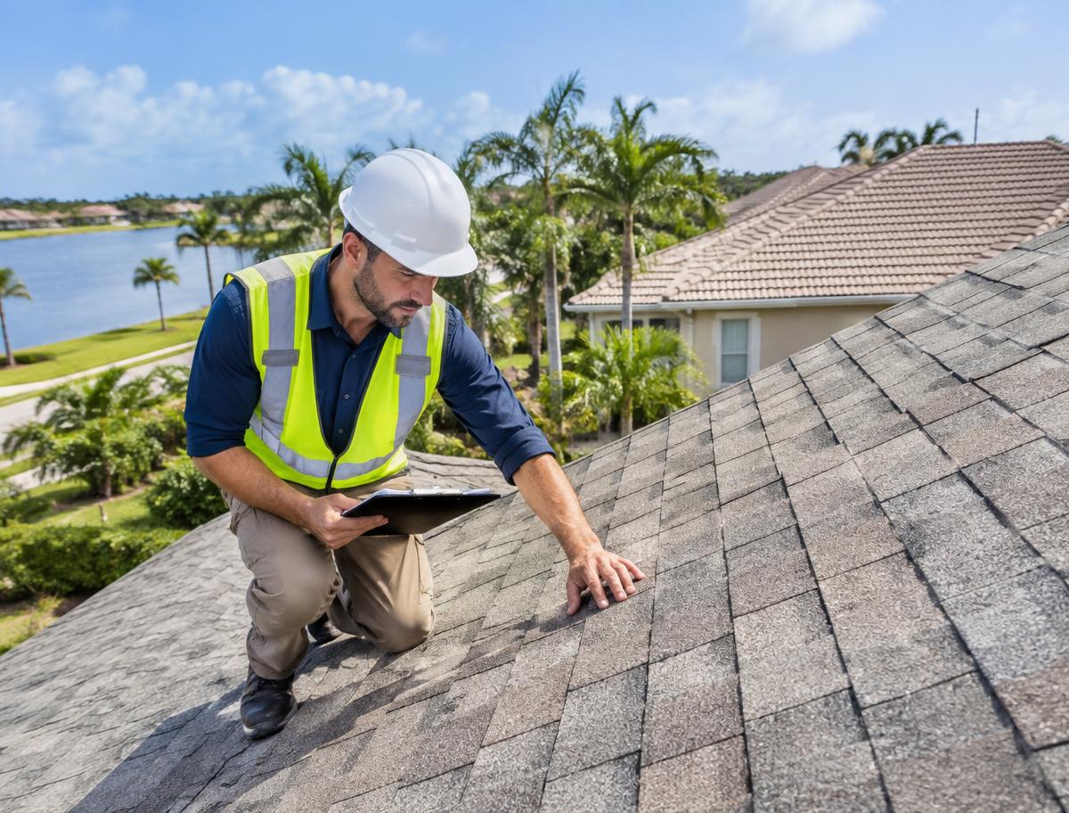 Professional inspecting a shingle roof